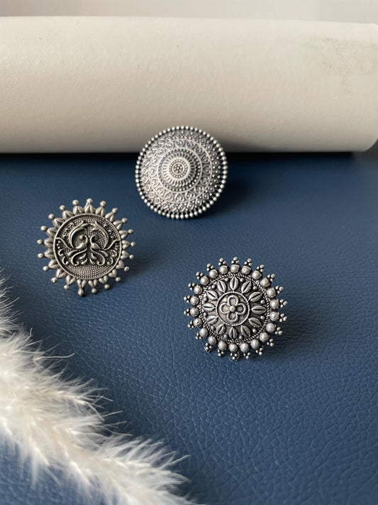 Oxidized Silver Adjustable Ring: Big Circular Statement Ring