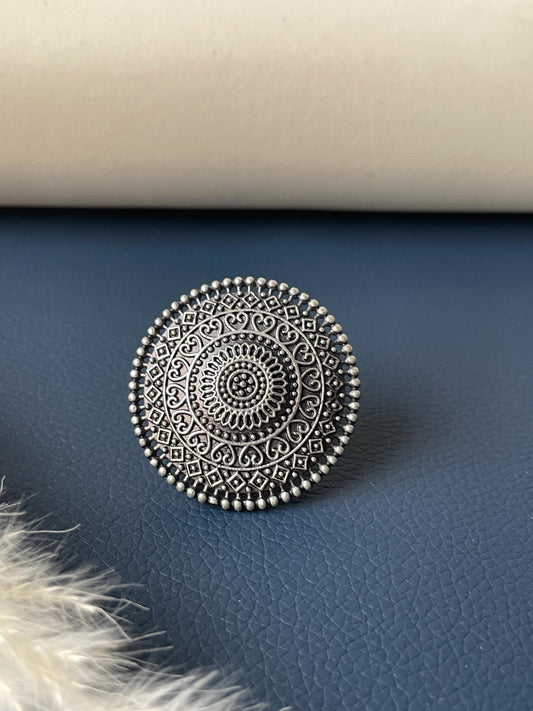Oxidized Silver Adjustable Ring: Big Circular Statement Ring