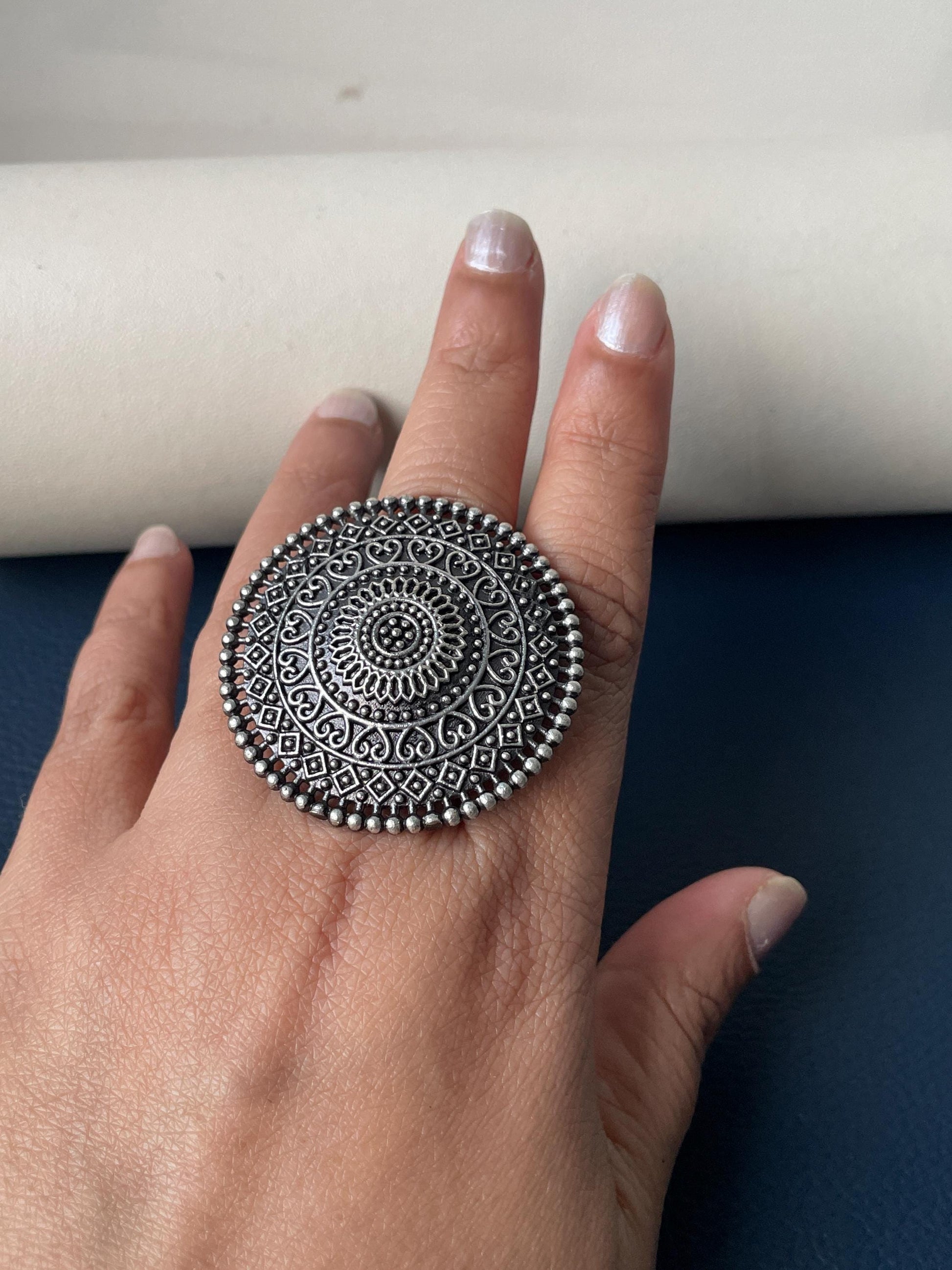 Oxidized Silver Adjustable Ring: Big Circular Statement Ring