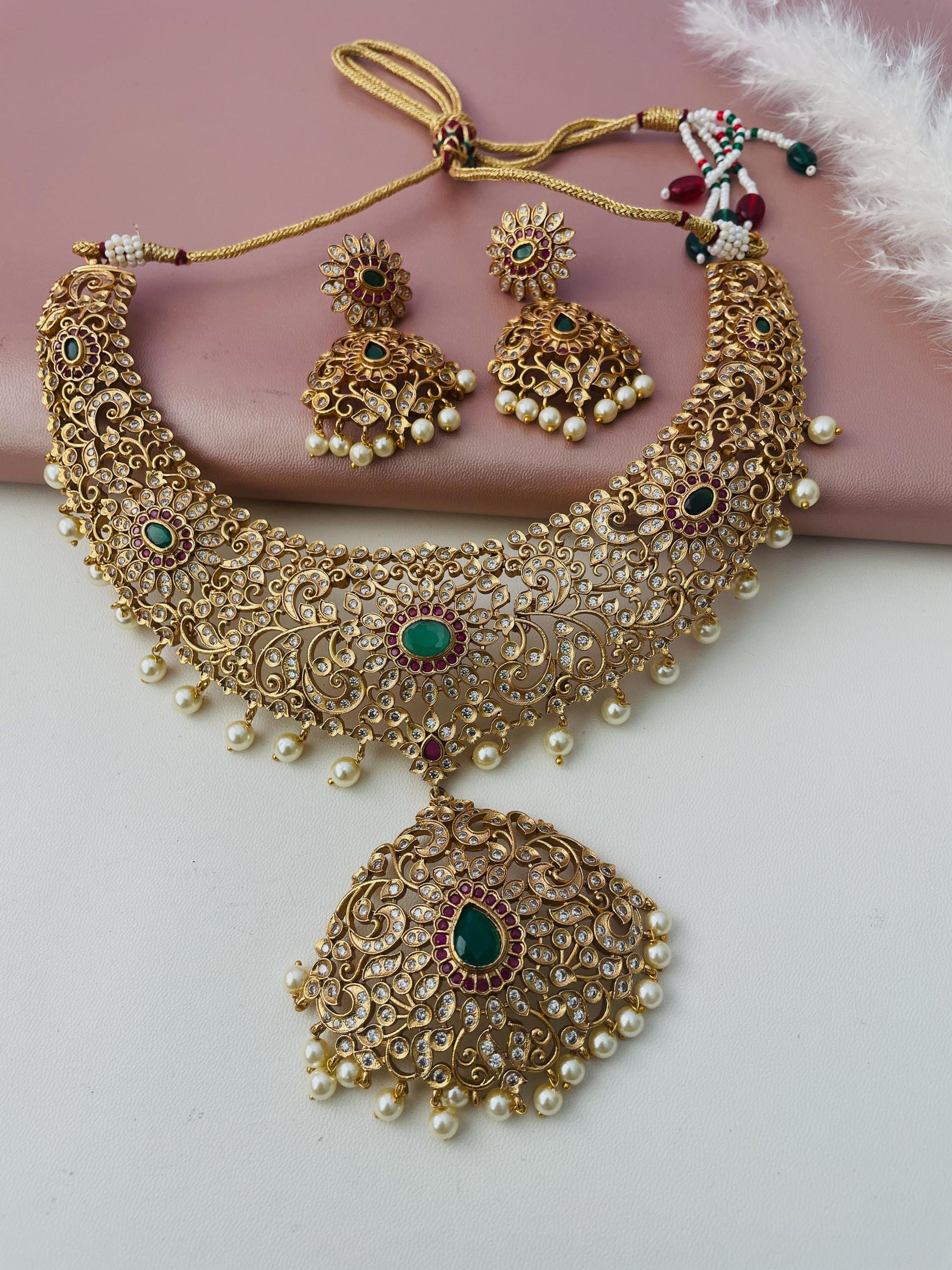 Cubic Zirconia Bridal Necklace Set: Gold, Green, Ruby, and Pearl Statement Jewelry