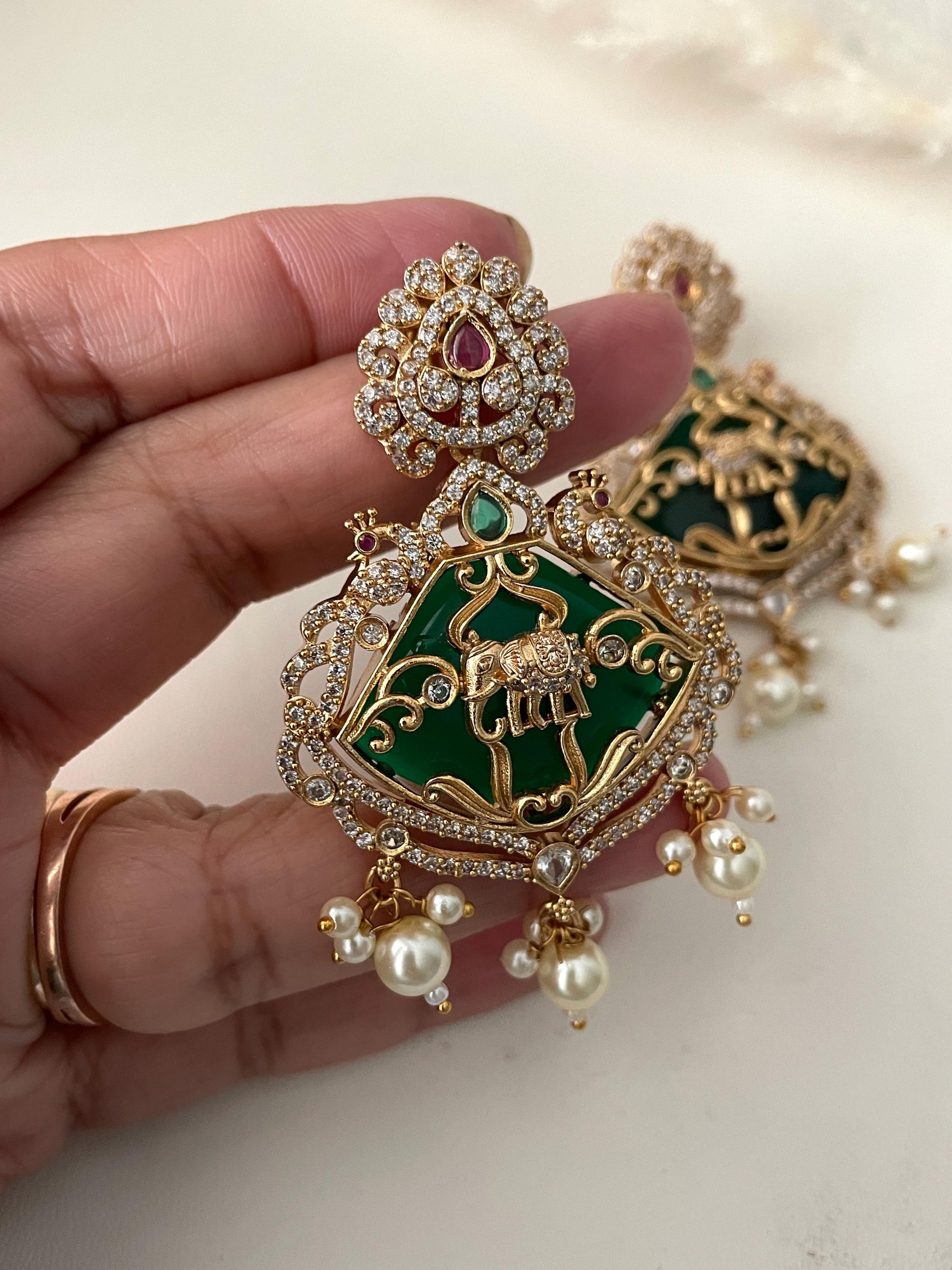 Gold Plated Kemp Stone Earrings: Indian Temple Jewelry with Elephant & Peacock