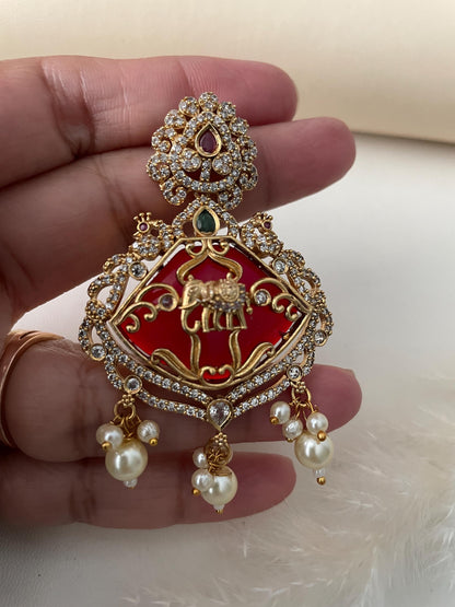 Gold Plated Kemp Stone Earrings: Indian Temple Jewelry with Elephant & Peacock