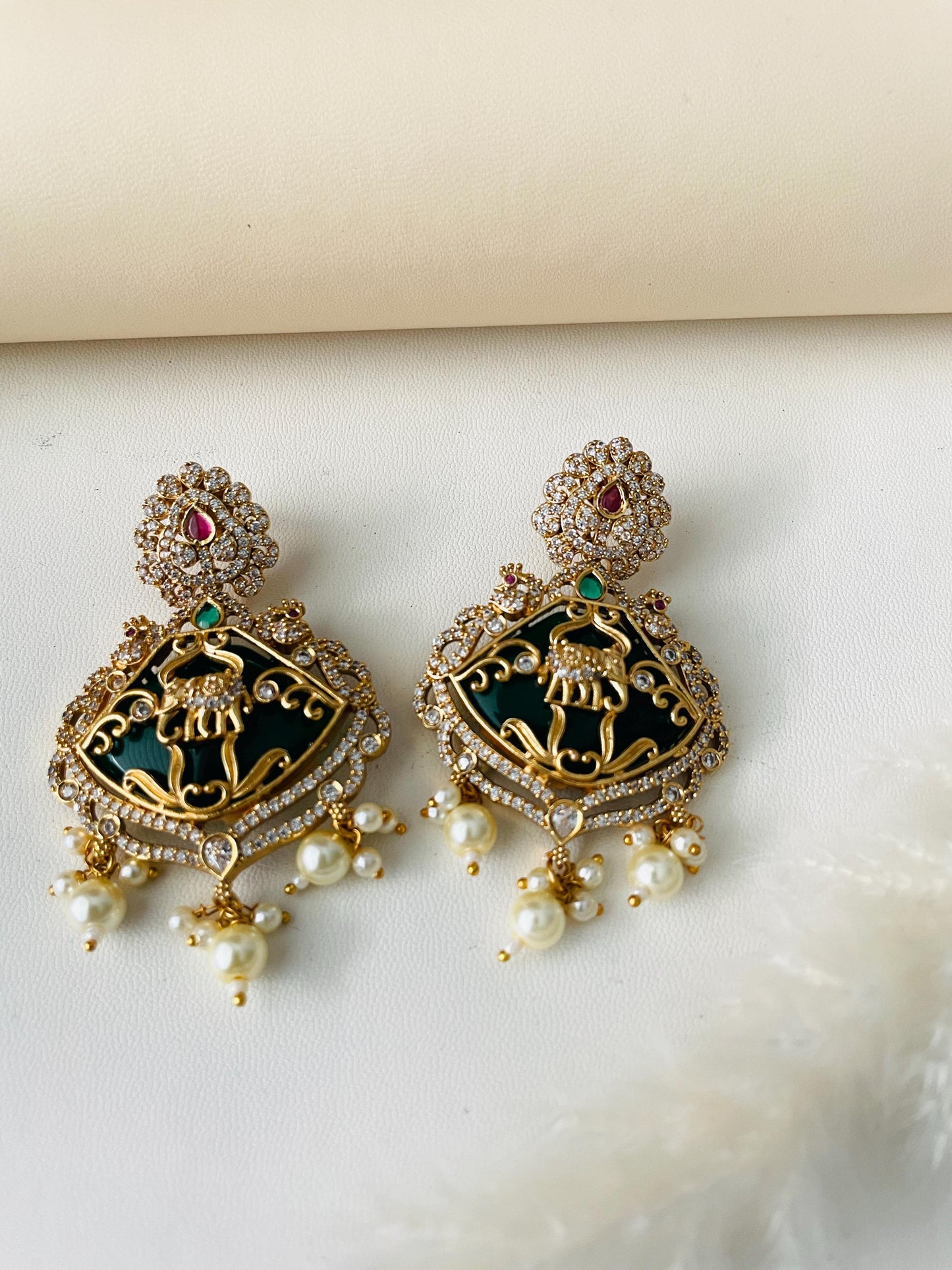 Gold Plated Kemp Stone Earrings: Indian Temple Jewelry with Elephant & Peacock