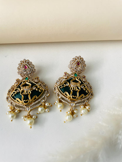 Gold Plated Kemp Stone Earrings: Indian Temple Jewelry with Elephant & Peacock