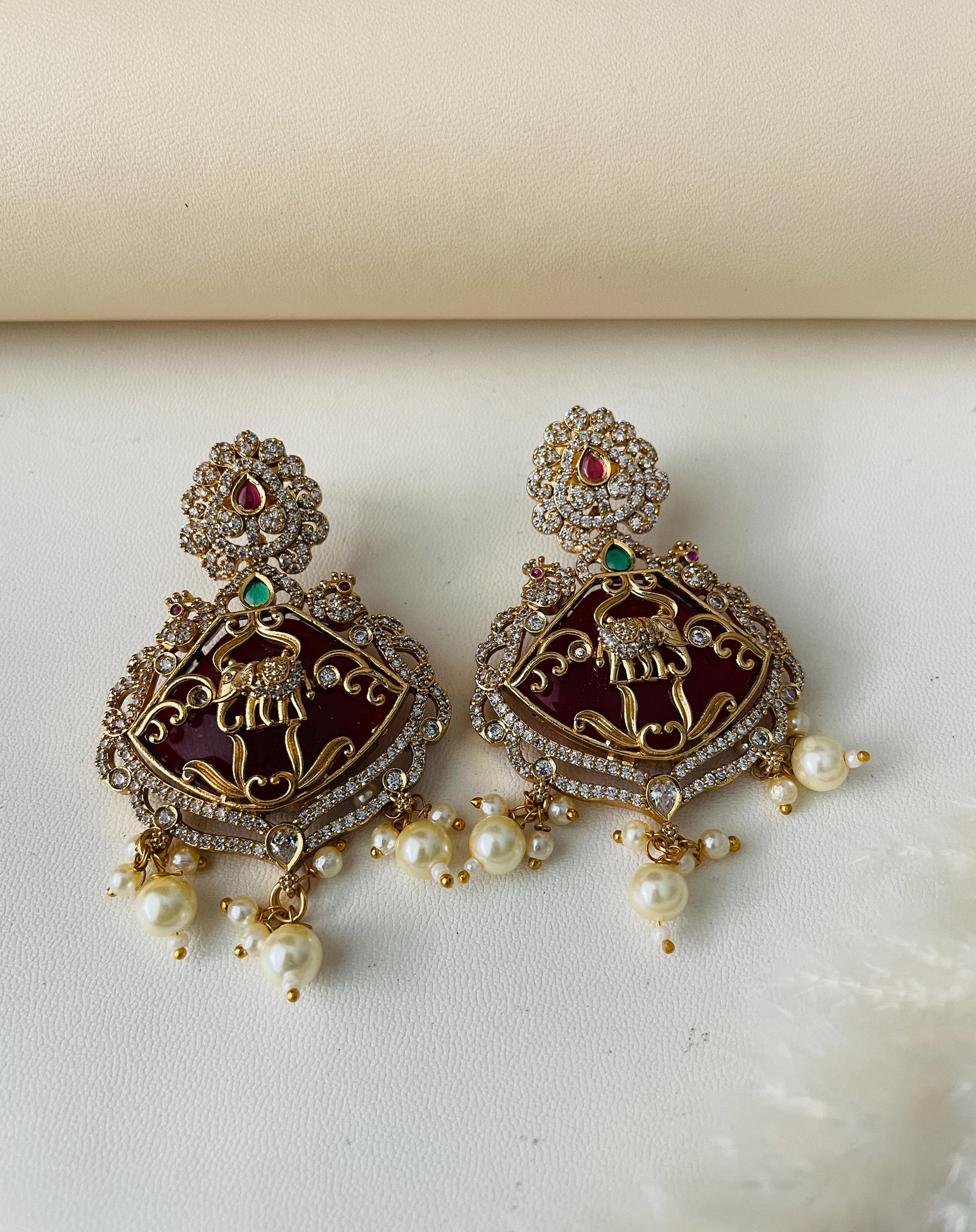 Gold Plated Kemp Stone Earrings: Indian Temple Jewelry with Elephant & Peacock
