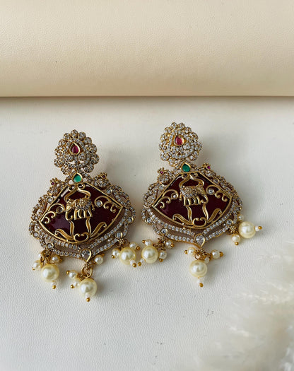 Gold Plated Kemp Stone Earrings: Indian Temple Jewelry with Elephant & Peacock