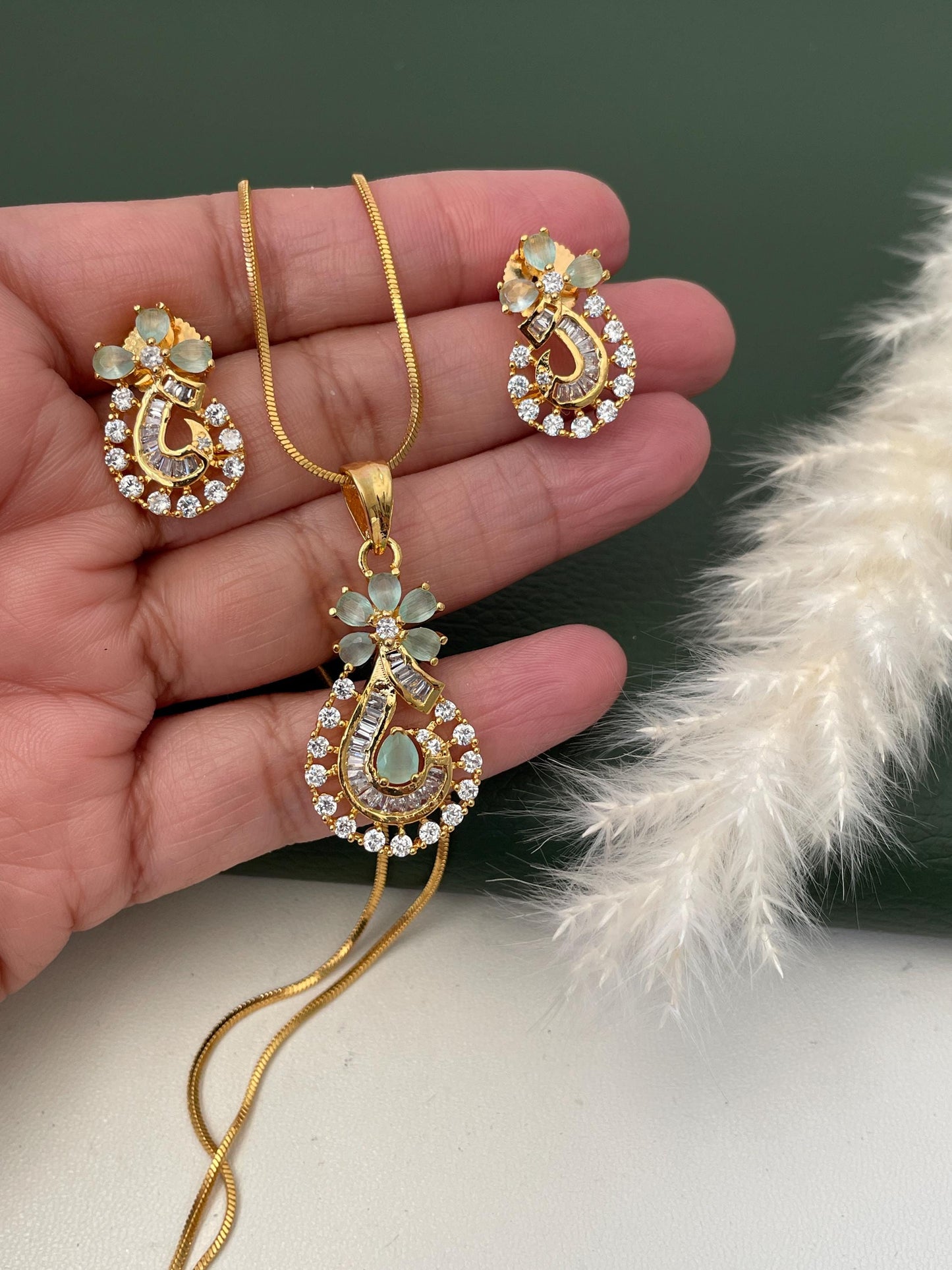 Gold Plated Mint CZ Pendant Necklace & Earrings Set
