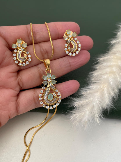 Gold Plated Mint CZ Pendant Necklace & Earrings Set