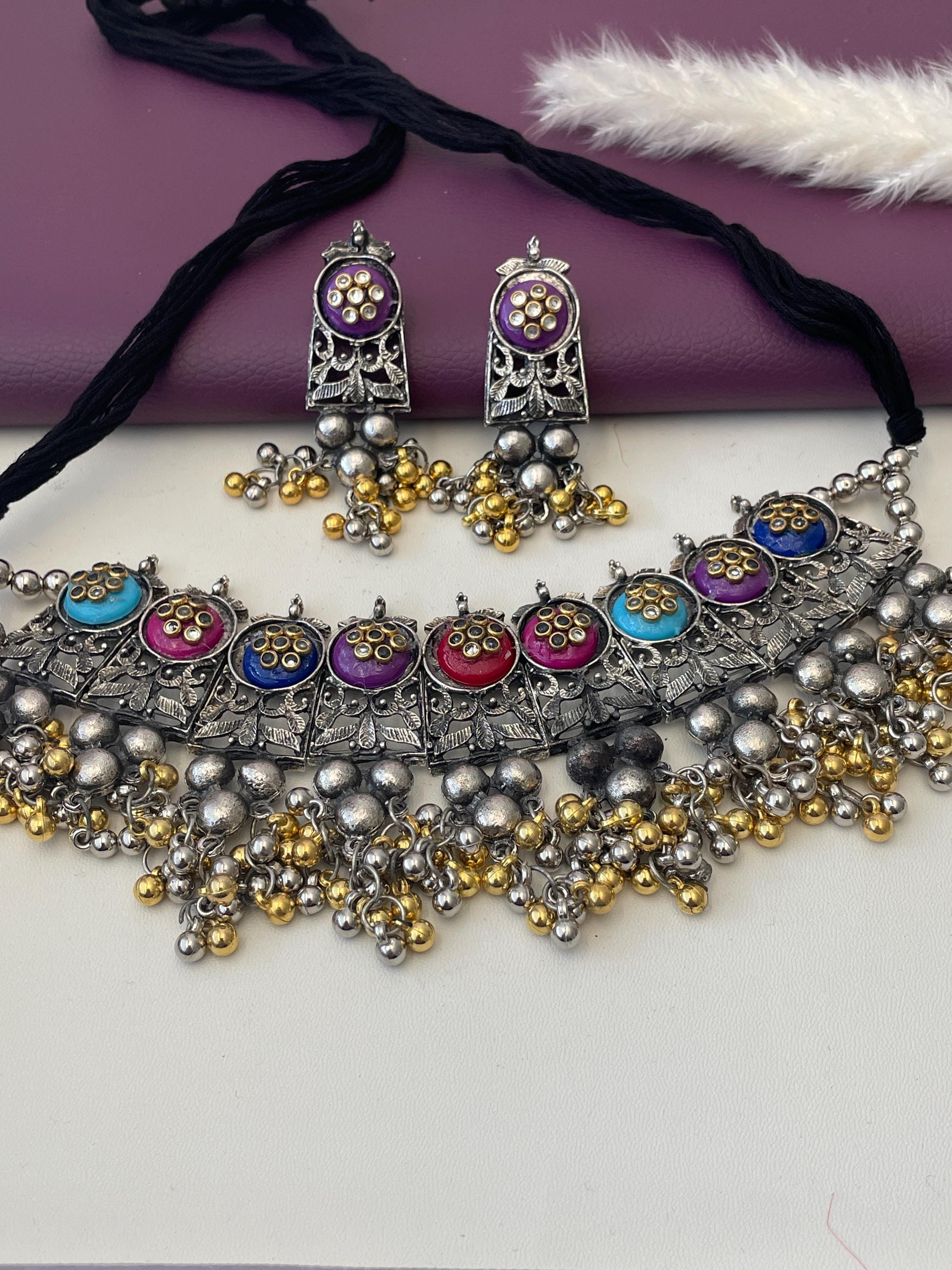 Nysaa dual tone Oxidised multicolored ghungaroo choker with earrings | Bollywood Jewelry | Navaratri jewelry | German silver jewelry