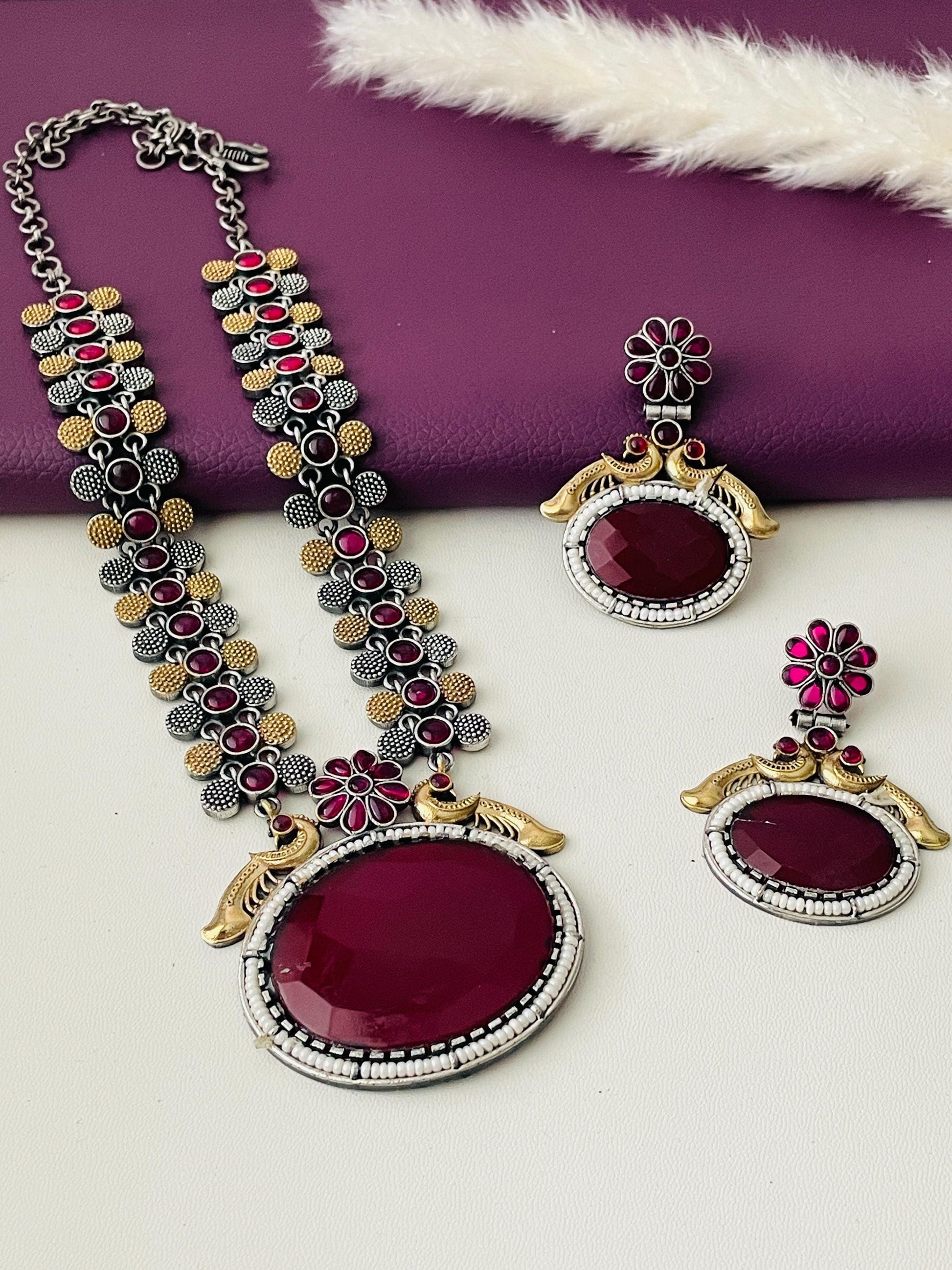 Oxidized Necklace Set: Ruby Mona Lisa Stone, Temple Jewelry