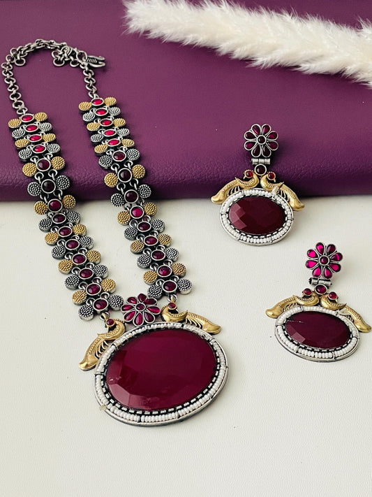 Oxidized Necklace Set: Ruby Mona Lisa Stone, Temple Jewelry