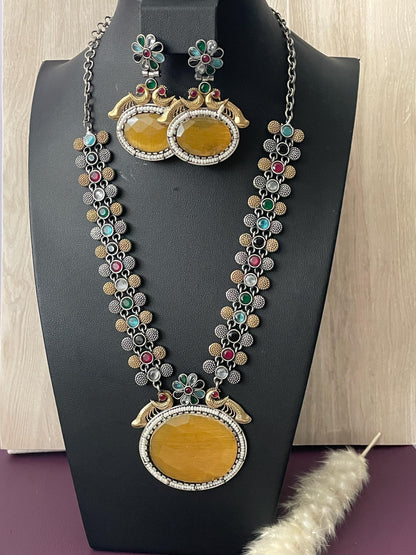 Oxidized Necklace Set: Ruby Mona Lisa Stone, Temple Jewelry