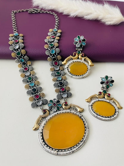 Oxidized Necklace Set: Ruby Mona Lisa Stone, Temple Jewelry