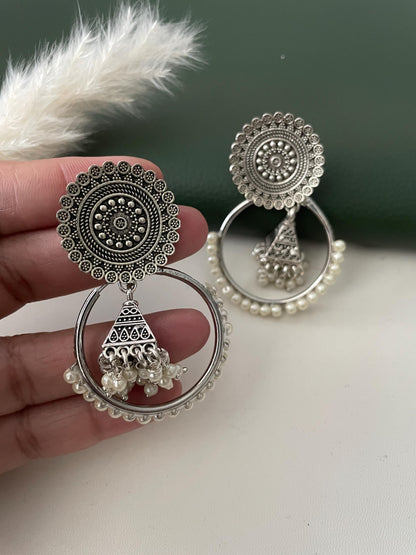 Oxidised hoop jhumka with pearls . 2 earrings in one