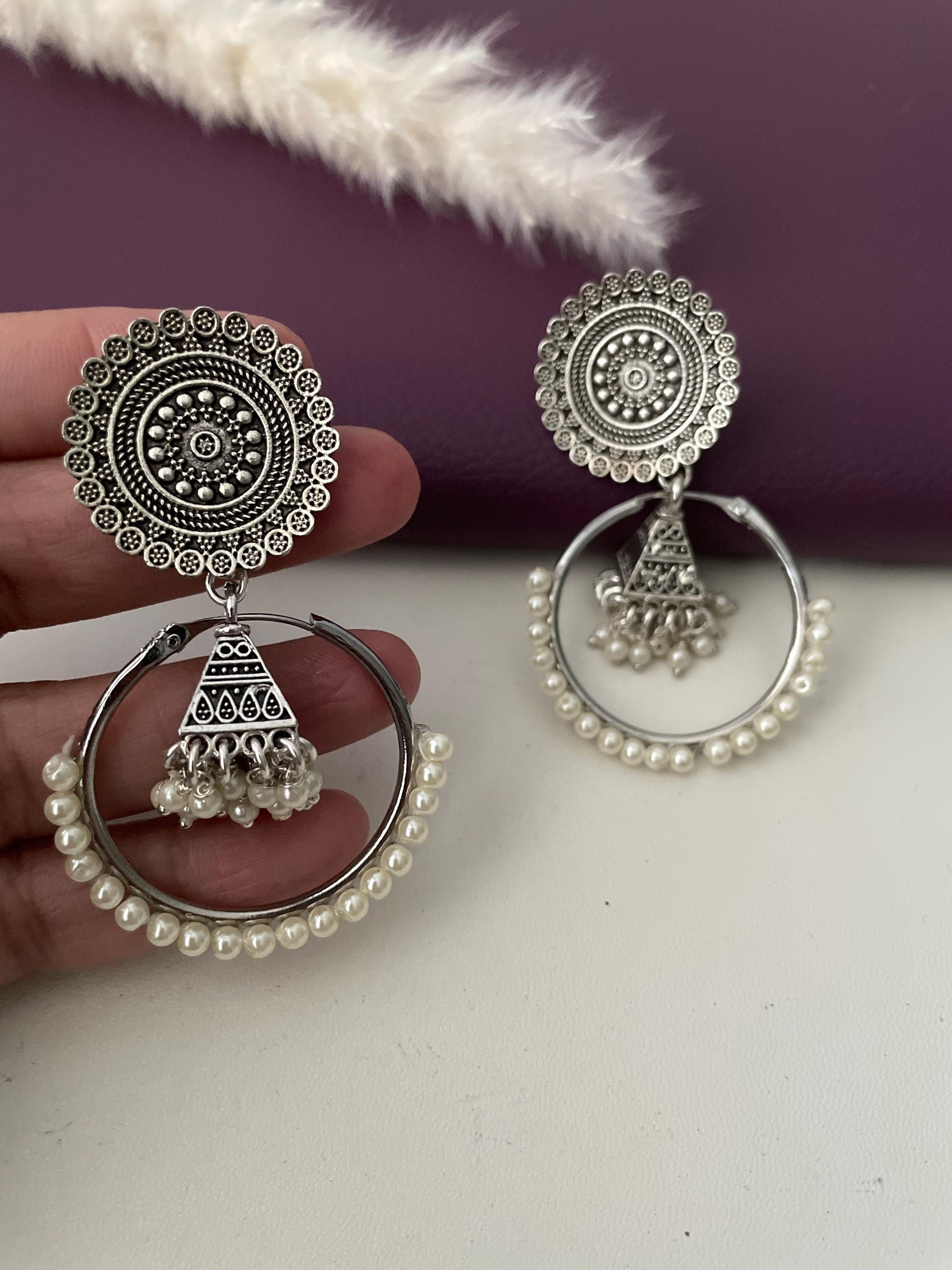 Oxidised hoop jhumka earrings with pearl. High quality,lightweight