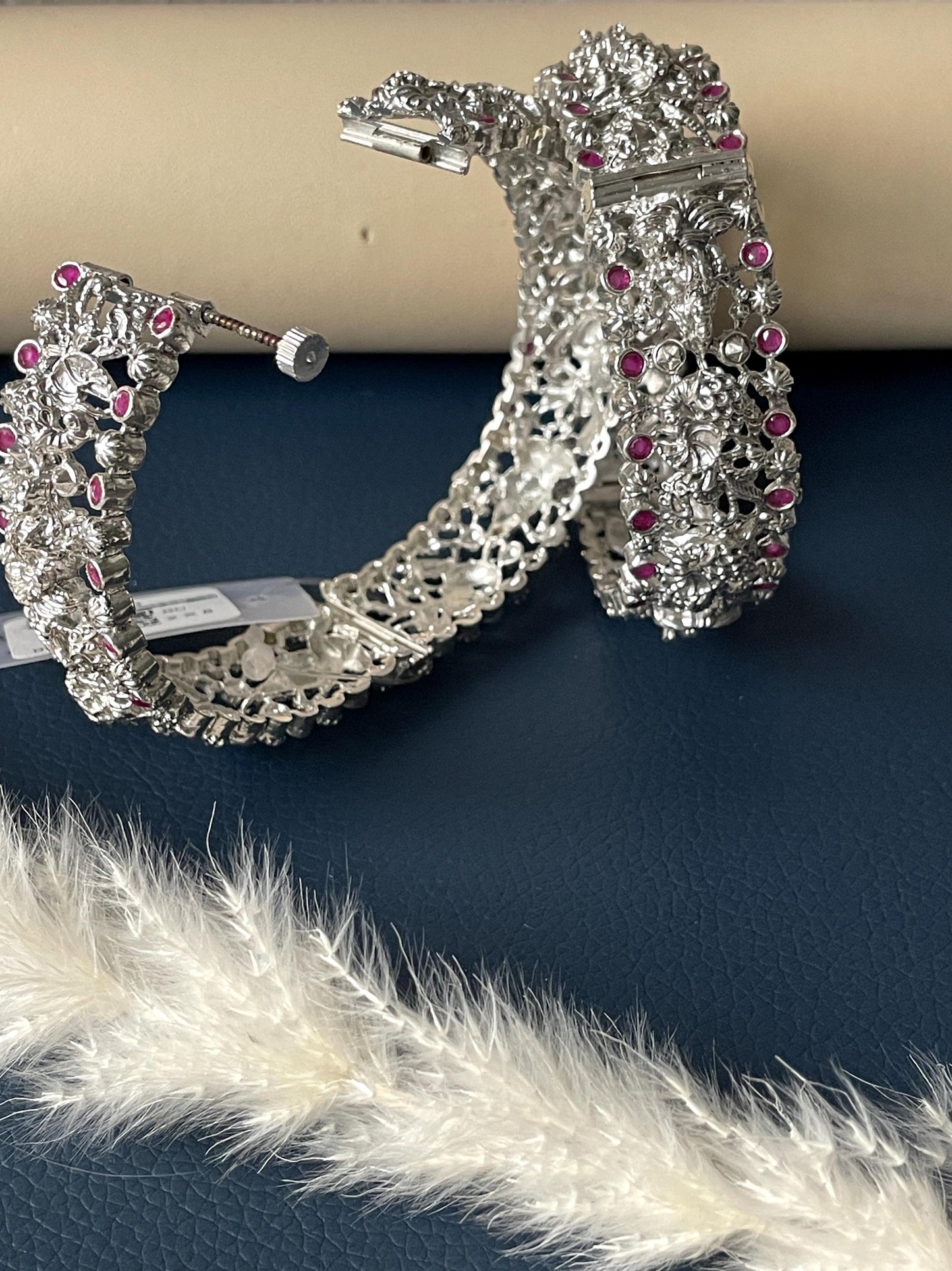 Silver Lookalike Temple Bangles: Lakshmi Peacock Kada with Red Gemstones