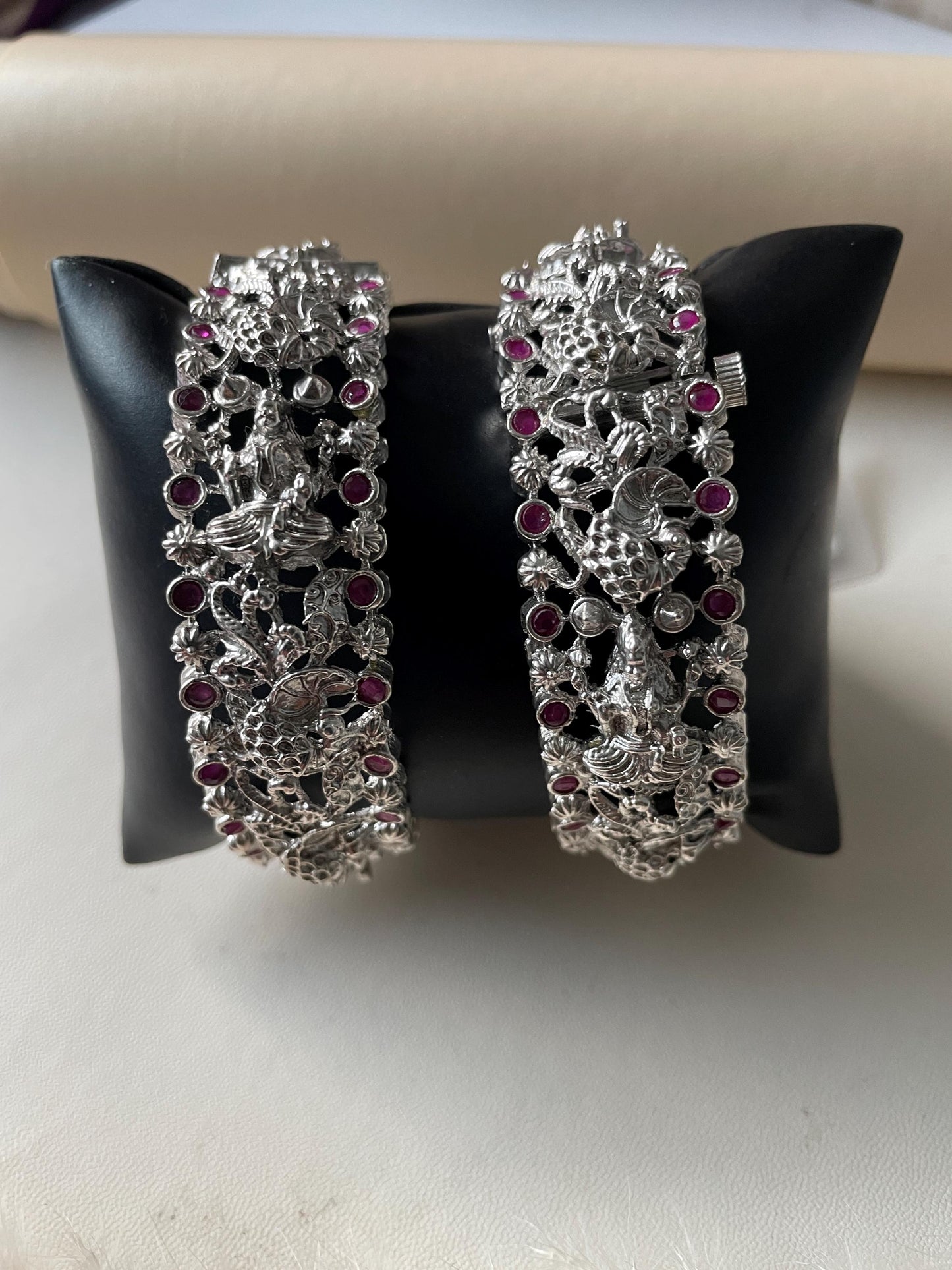 Silver Lookalike Temple Bangles: Lakshmi Peacock Kada with Red Gemstones