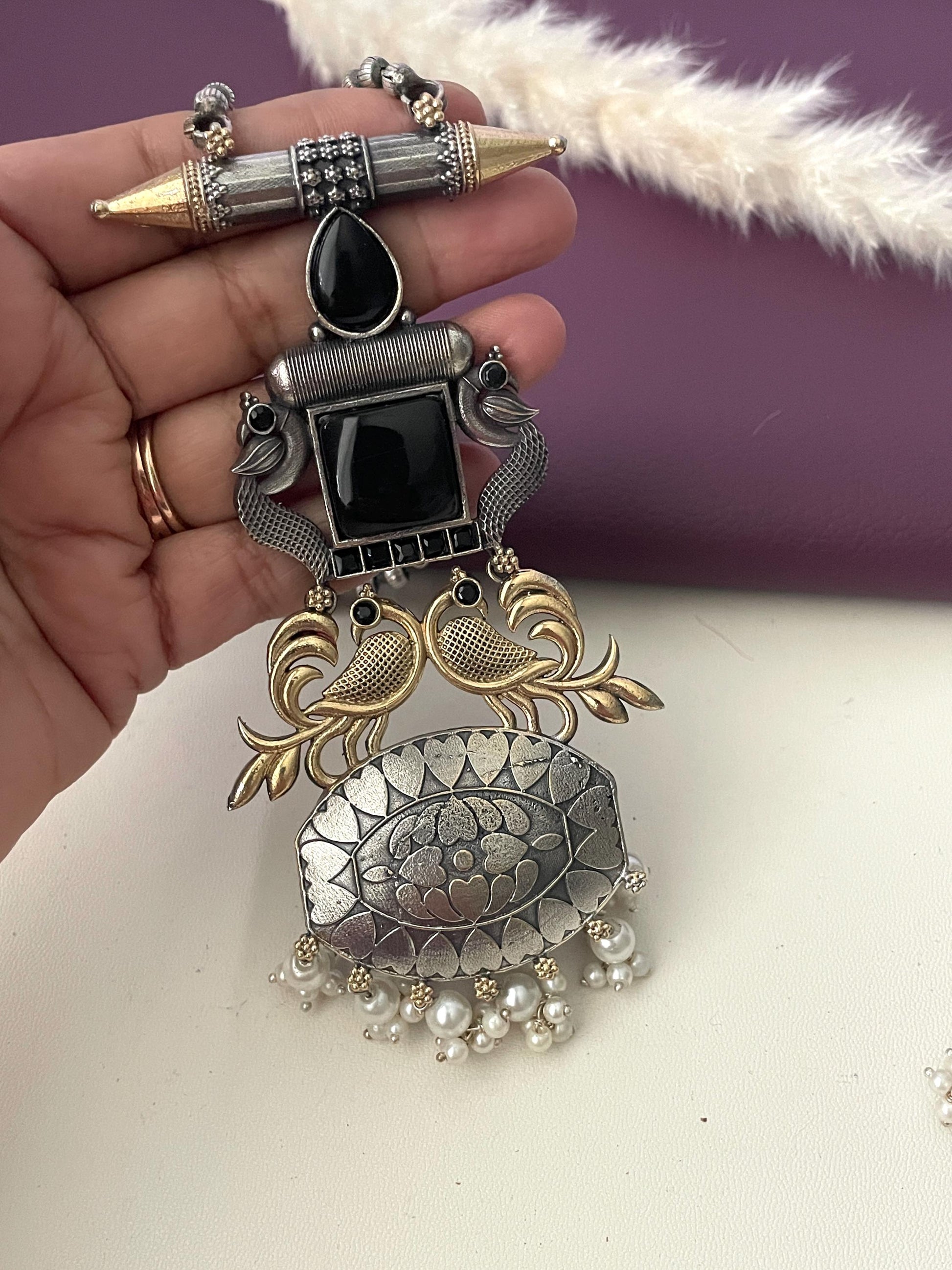 Oxidized Necklace Set: Mona Lisa Stone, Elegant Black Jewelry