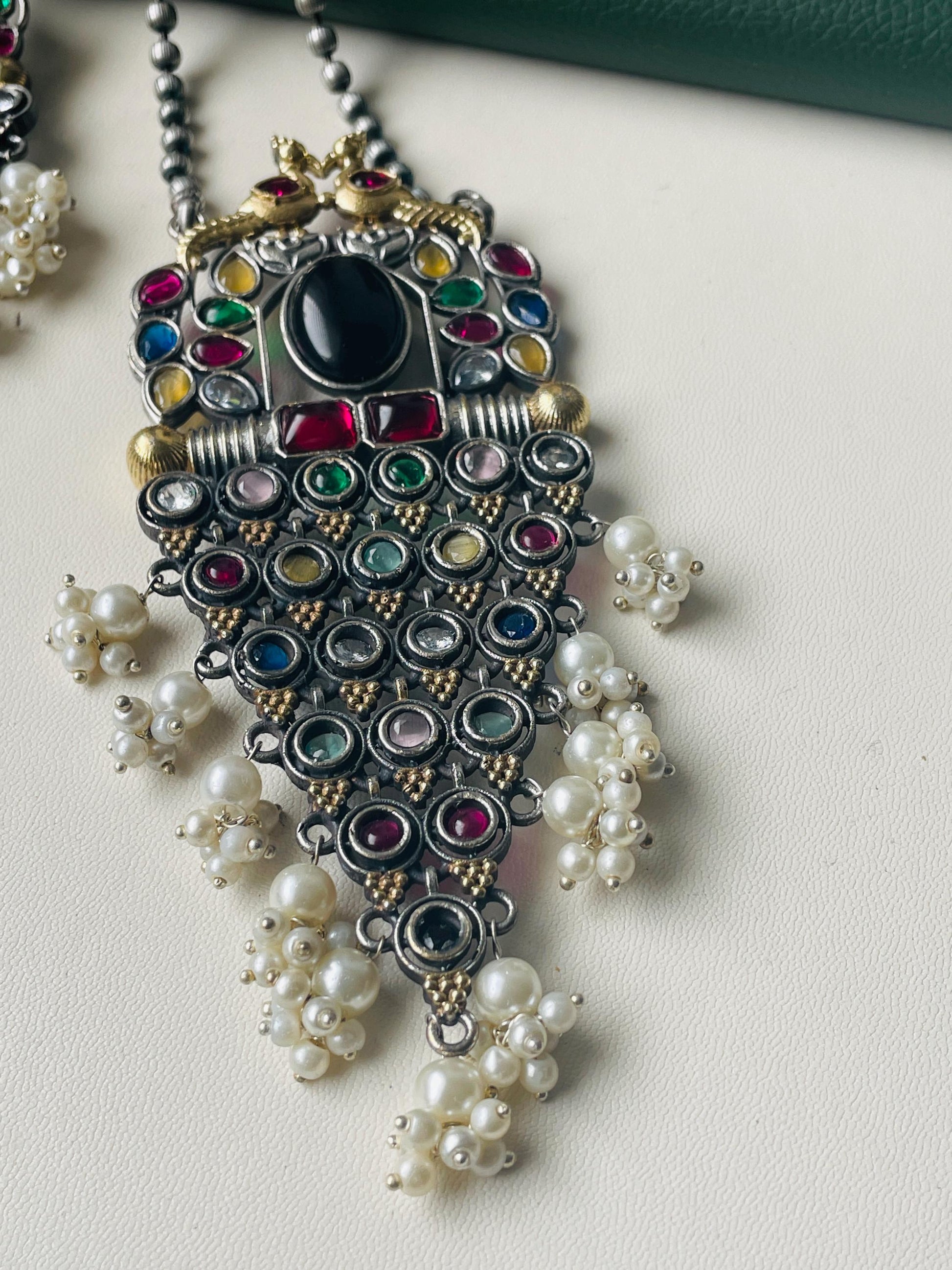 Oxidized Necklace Set: Monalisa Stone, Colorful Festive Jewelry