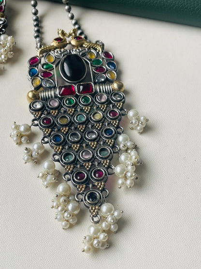 Oxidized Necklace Set: Monalisa Stone, Colorful Festive Jewelry