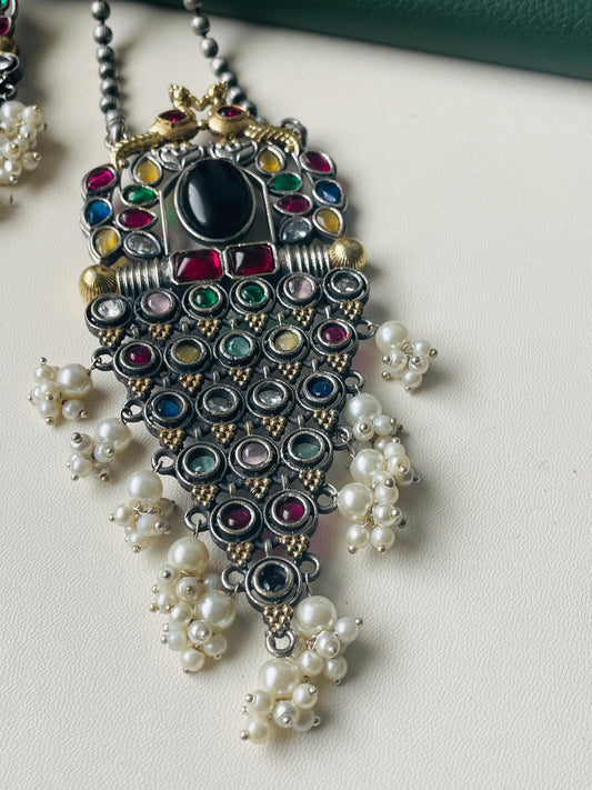 Oxidized Necklace Set: Monalisa Stone, Colorful Festive Jewelry