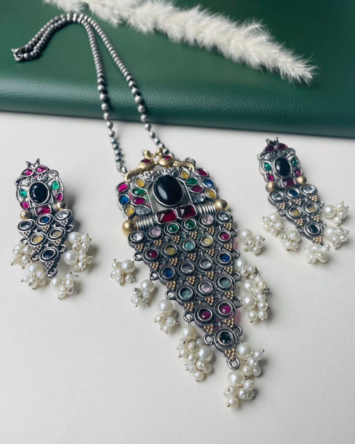 Oxidized Necklace Set: Monalisa Stone, Colorful Festive Jewelry