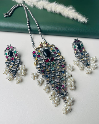 Oxidized Necklace Set: Monalisa Stone, Colorful Festive Jewelry