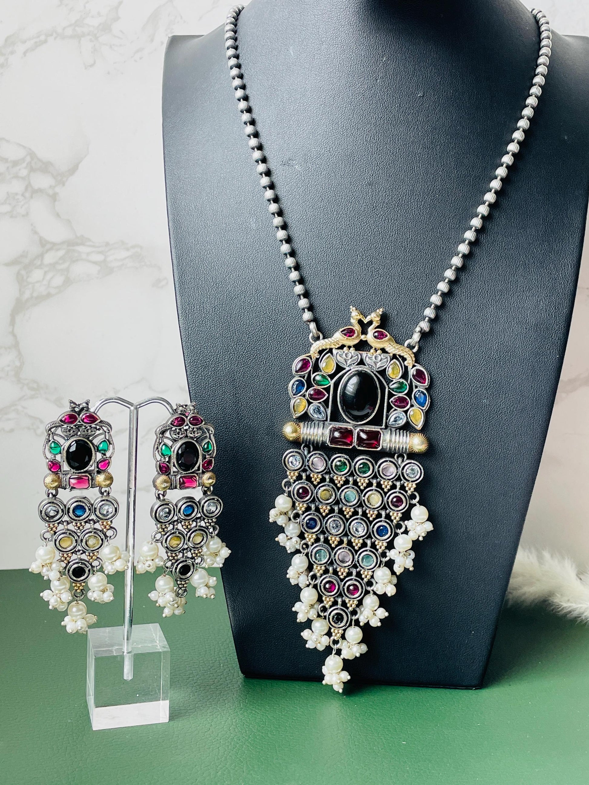 Oxidized Necklace Set: Monalisa Stone, Colorful Festive Jewelry