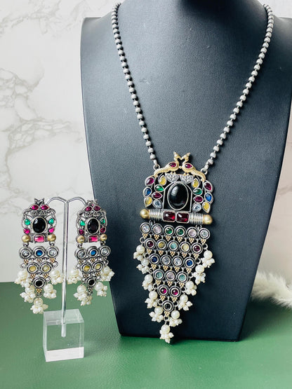 Oxidized Necklace Set: Monalisa Stone, Colorful Festive Jewelry