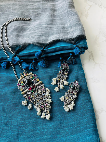 Oxidized Necklace Set: Monalisa Stone, Colorful Festive Jewelry