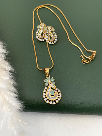 Gold Plated Mint CZ Pendant Necklace & Earrings Set