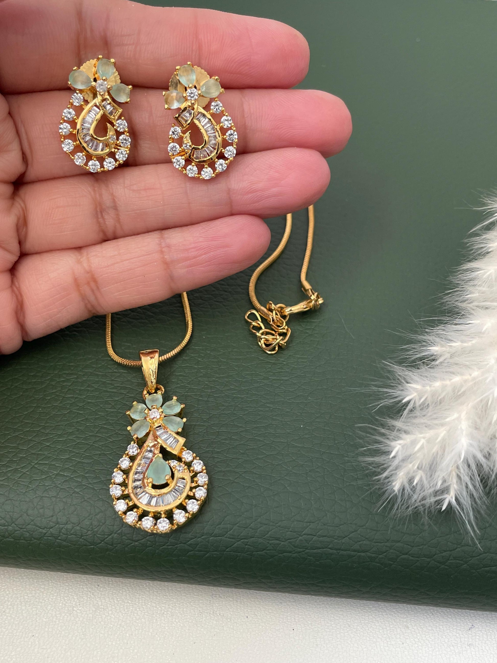 Gold Plated Mint CZ Pendant Necklace & Earrings Set