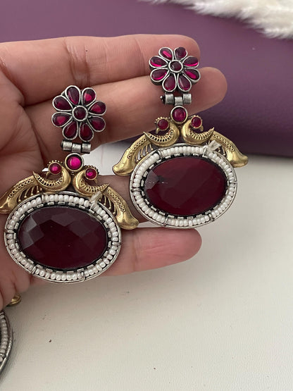 Oxidized Necklace Set: Ruby Mona Lisa Stone, Temple Jewelry