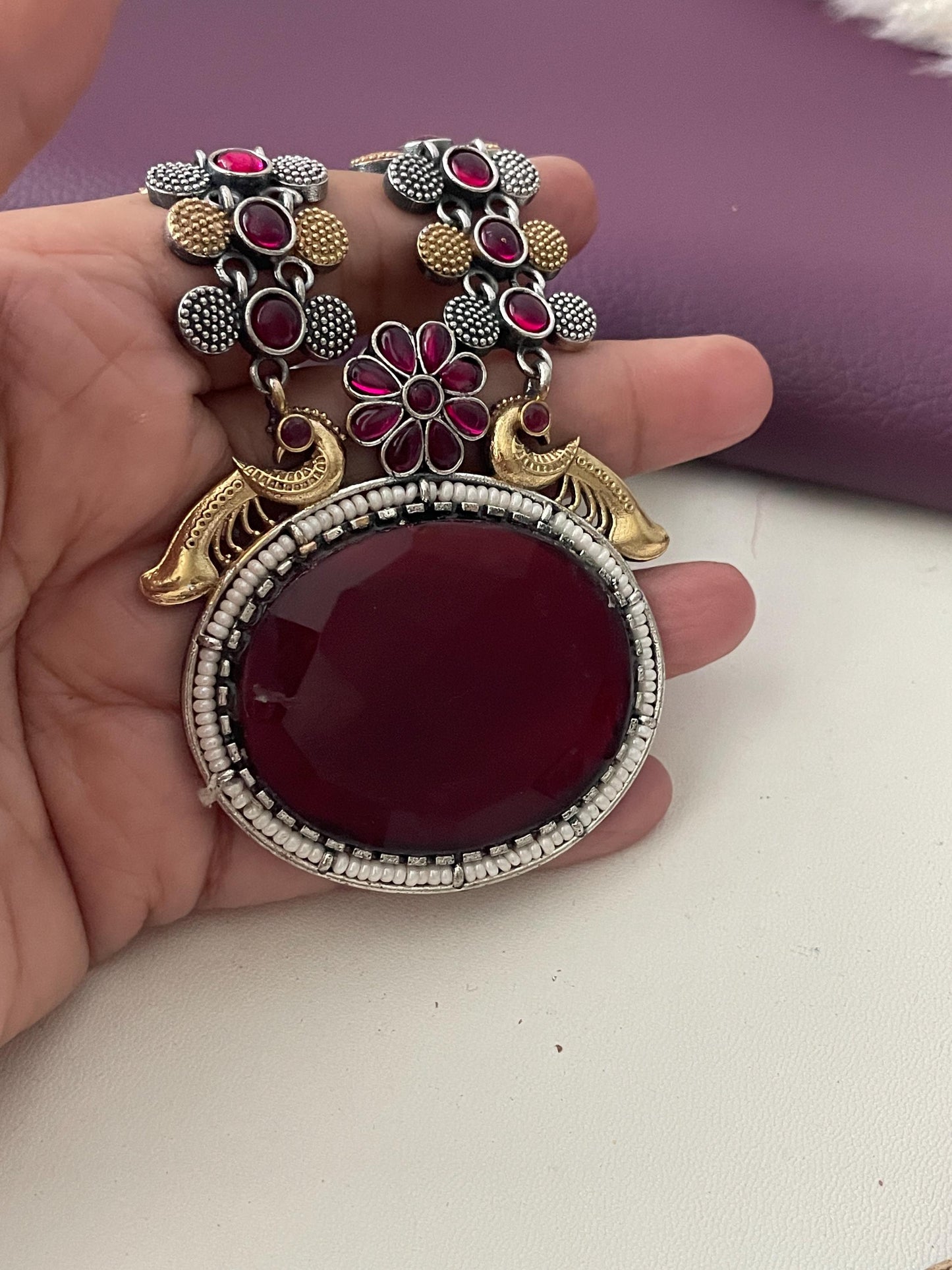 Oxidized Necklace Set: Ruby Mona Lisa Stone, Temple Jewelry