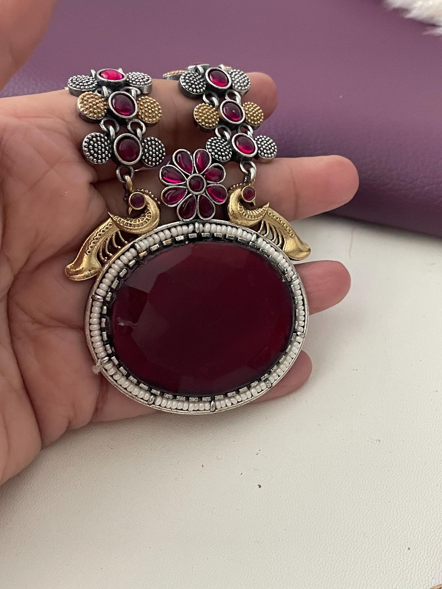 Oxidized Necklace Set: Ruby Mona Lisa Stone, Temple Jewelry