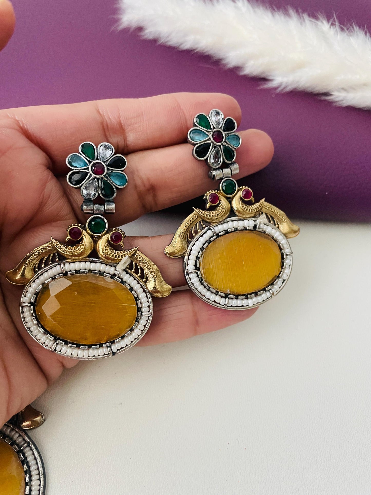 Oxidized Necklace Set: Ruby Mona Lisa Stone, Temple Jewelry