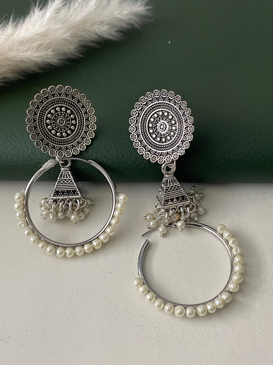 Oxidised hoop jhumka with pearls . 2 earrings in one