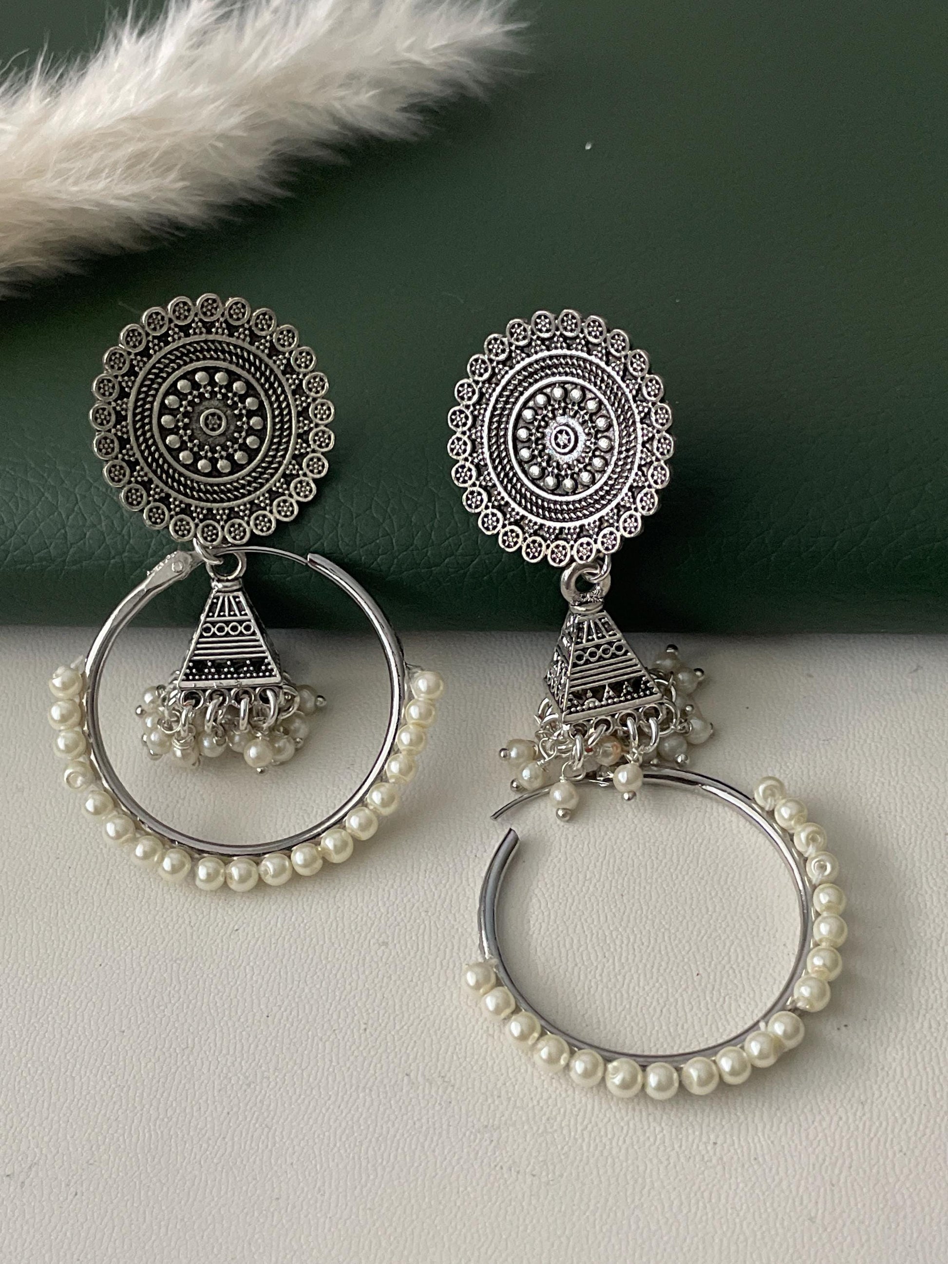 Oxidised hoop jhumka with pearls . 2 earrings in one