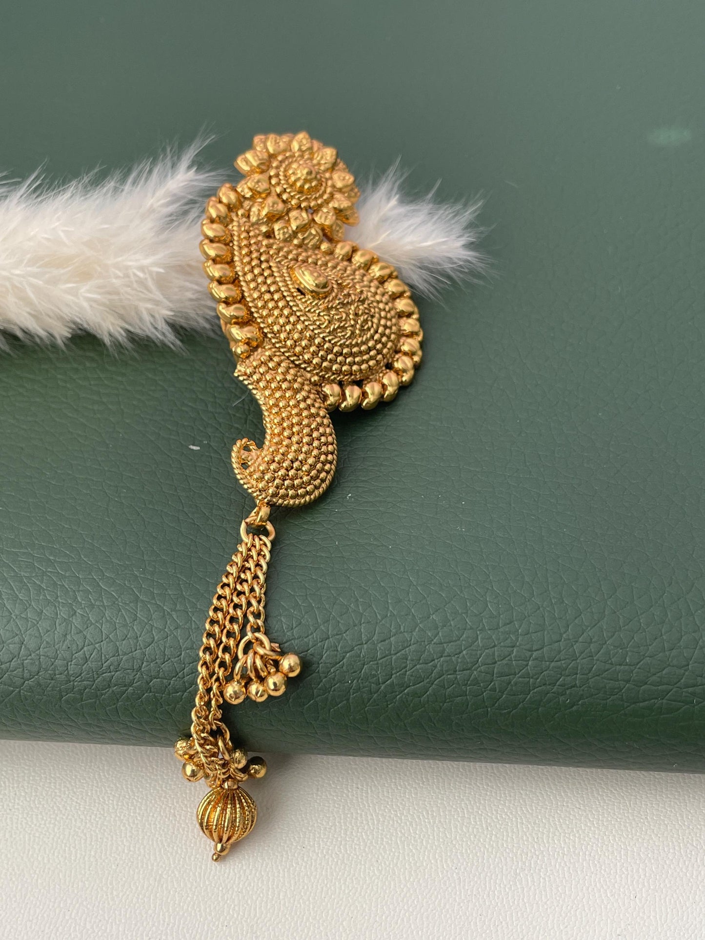 Gold Plated Hair Brooch: Bollywood Saree Pin with Dangling Beads