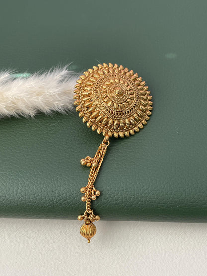 Gold Plated Hair Brooch: Bollywood Saree Pin with Dangling Beads