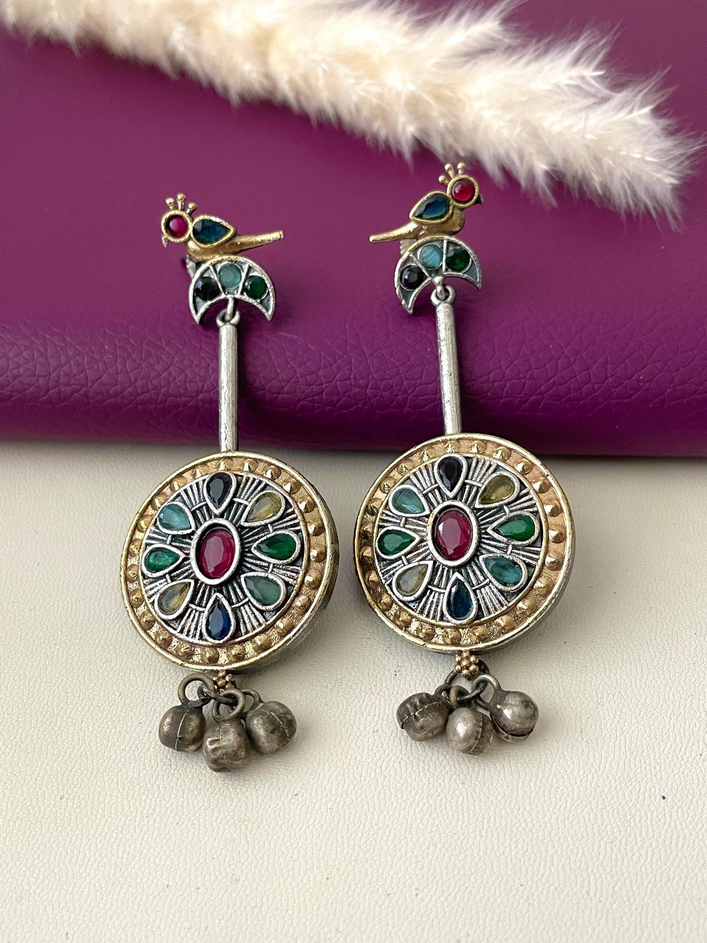 Dual tone multicolored stone earrings