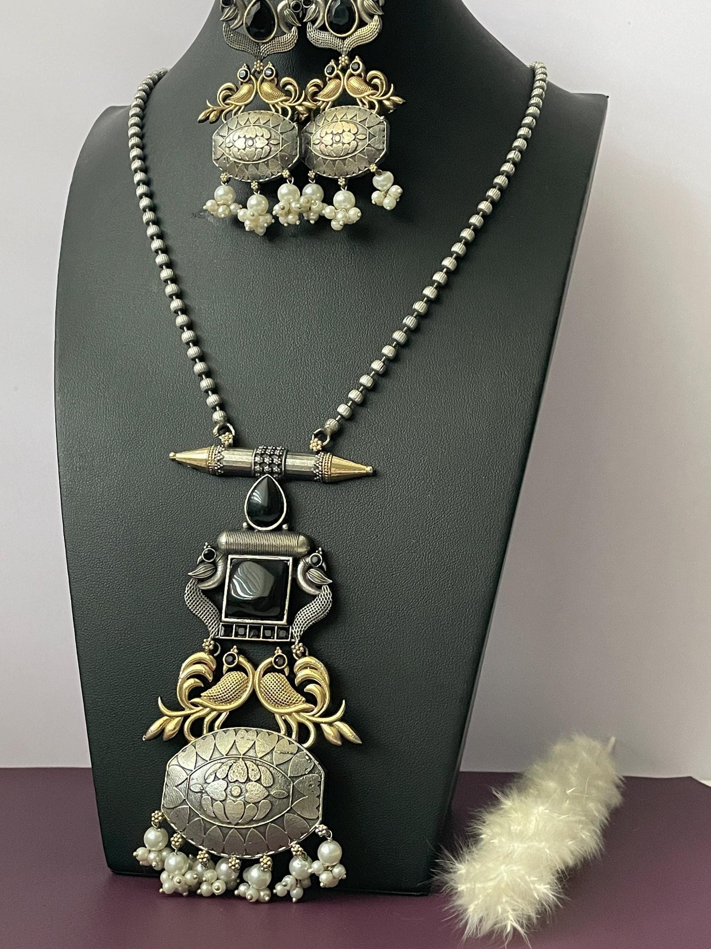 Oxidized Necklace Set: Mona Lisa Stone, Elegant Black Jewelry