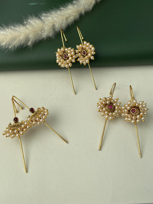Trendy pearl gold plated needle Earcuffs