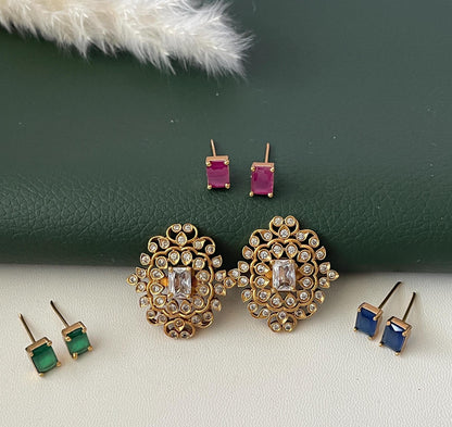 High quality kemp stone and cubic zirconia earrings with changeable color stones .Red , blue green and white earrings in one .