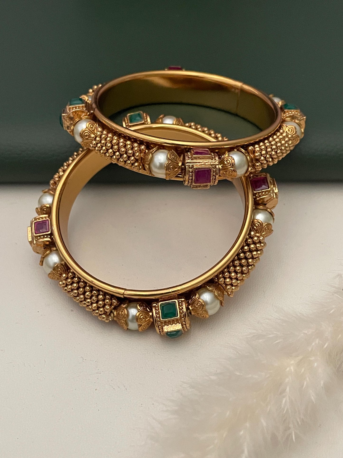 Gold Plated Kada Bangles: Ruby, Emerald & Pearl Indian Jewelry (Set of 2)