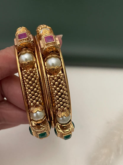 Gold Plated Kada Bangles: Ruby, Emerald & Pearl Indian Jewelry (Set of 2)