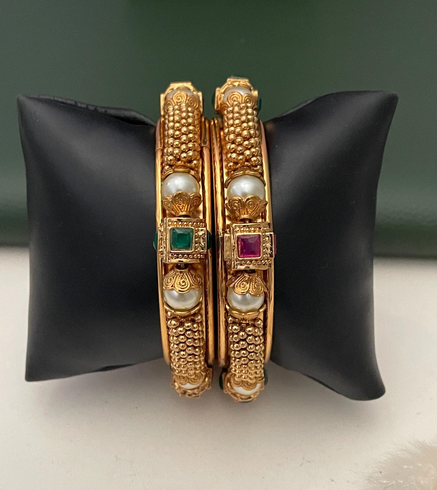 Gold Plated Kada Bangles: Ruby, Emerald & Pearl Indian Jewelry (Set of 2)