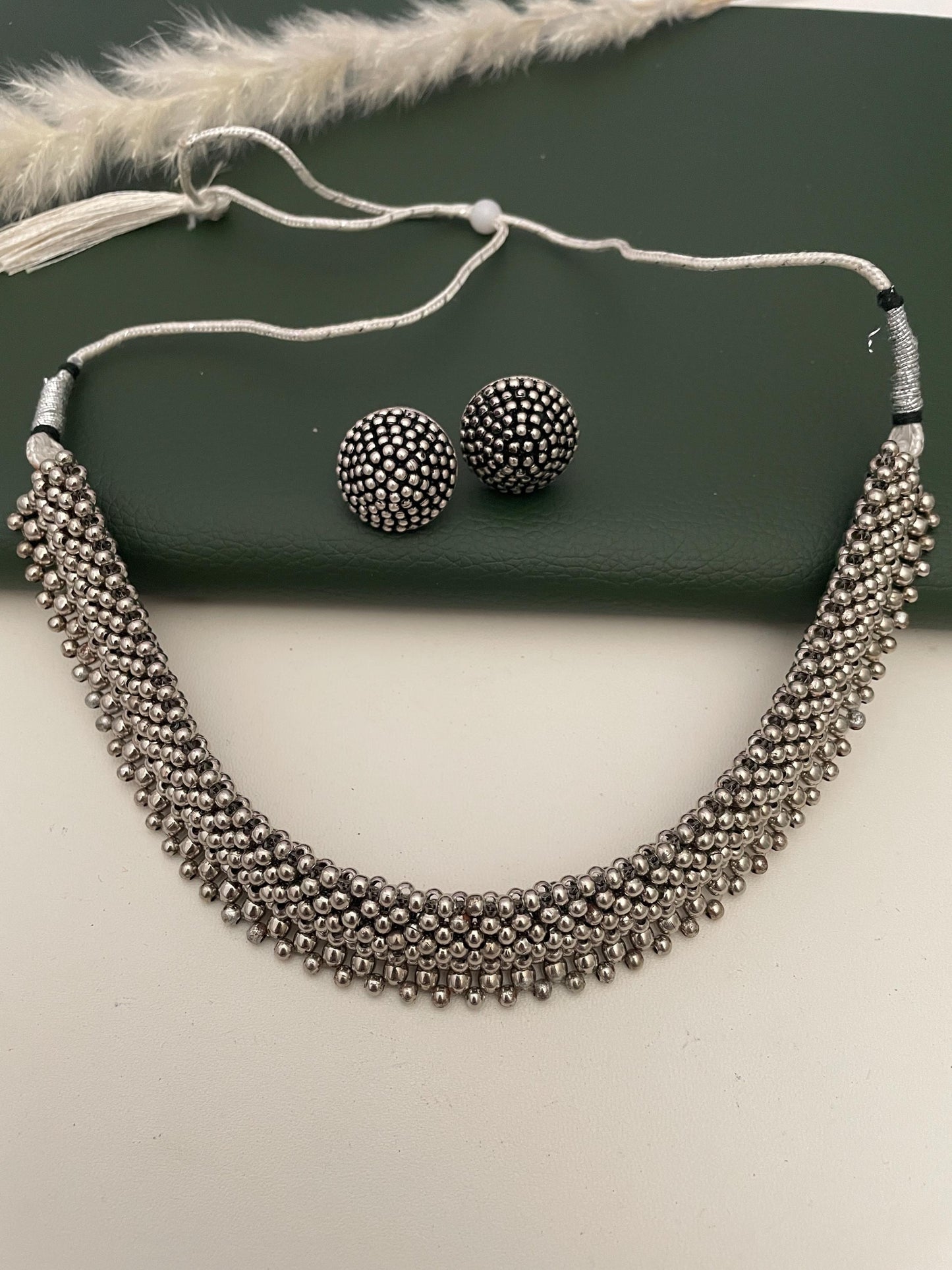 Traditional Maharashtrian Oxidised Thushi necklace set with matching earrings