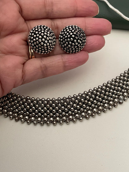 Traditional Maharashtrian Oxidised Thushi necklace set with matching earrings