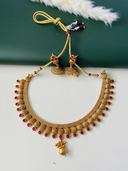 Ruby stone gold plated short necklace with matching earrings